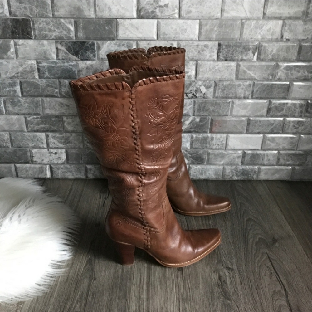 Bronx Kenny Brown Braided Leather Boot Tall Heeled